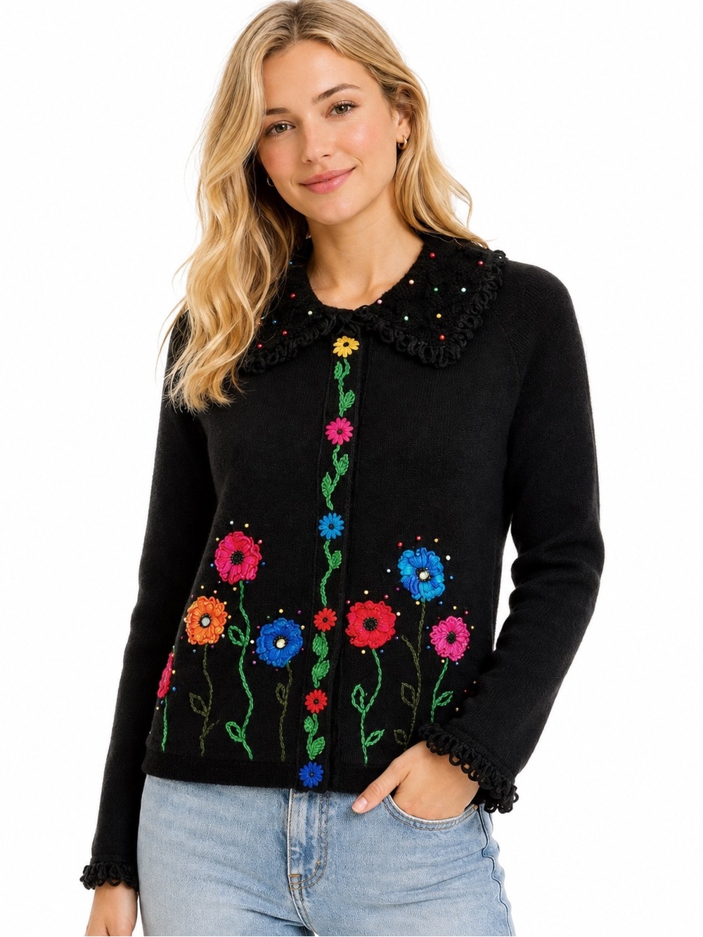 Berek Takako Sako Vintage Floral Embroidered Beaded Cardigan Sweater